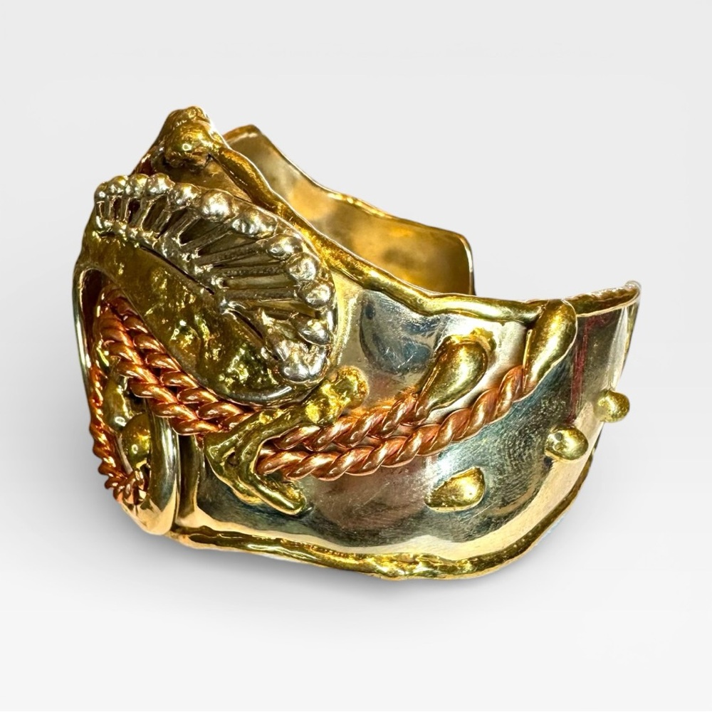 VINTAGE ARTISAN 1970s Brutalist Mixed Metal Bangle Cuff Bracelet, Adjustable - Picture 7 of 13